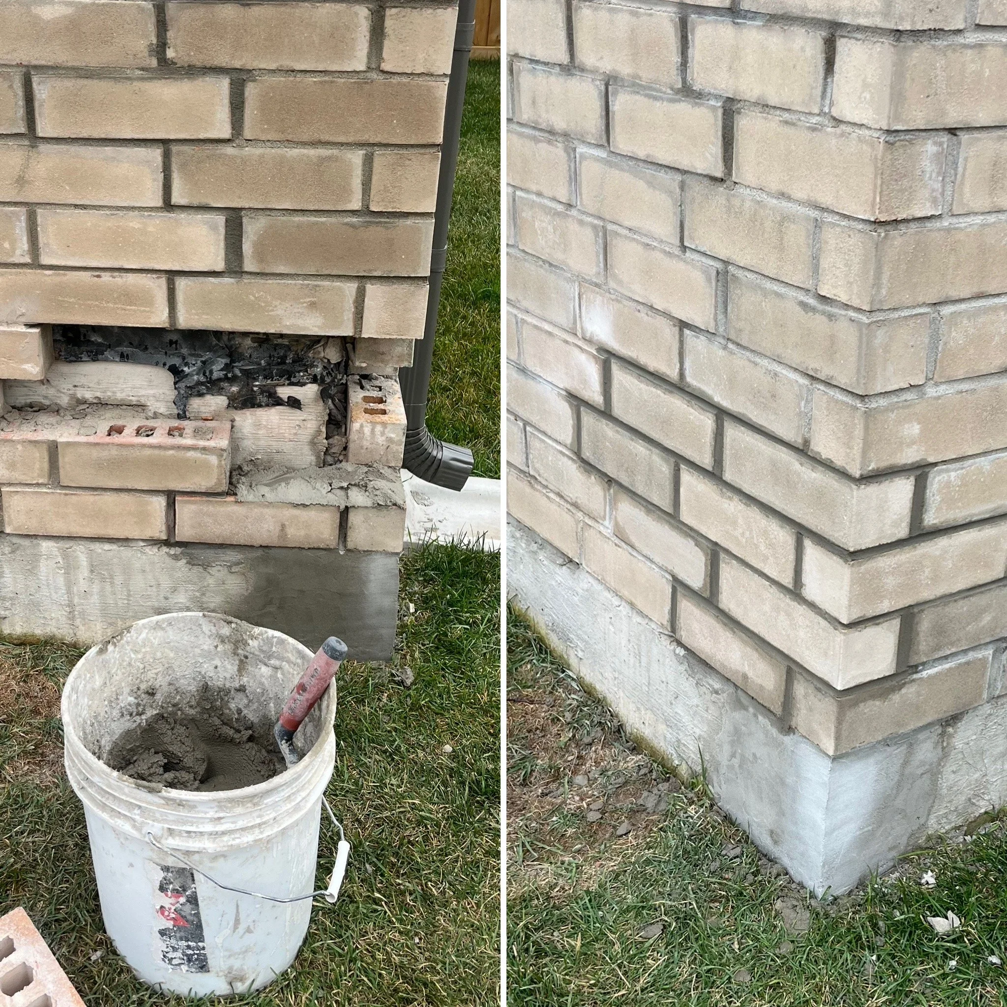 Comparison of a damaged brick wall and a repaired brick wall. The left side shows a brick wall with cracked and missing bricks, exposed mortar, and repair materials. The right side shows the same wall after repair, with new bricks and restored mortar.