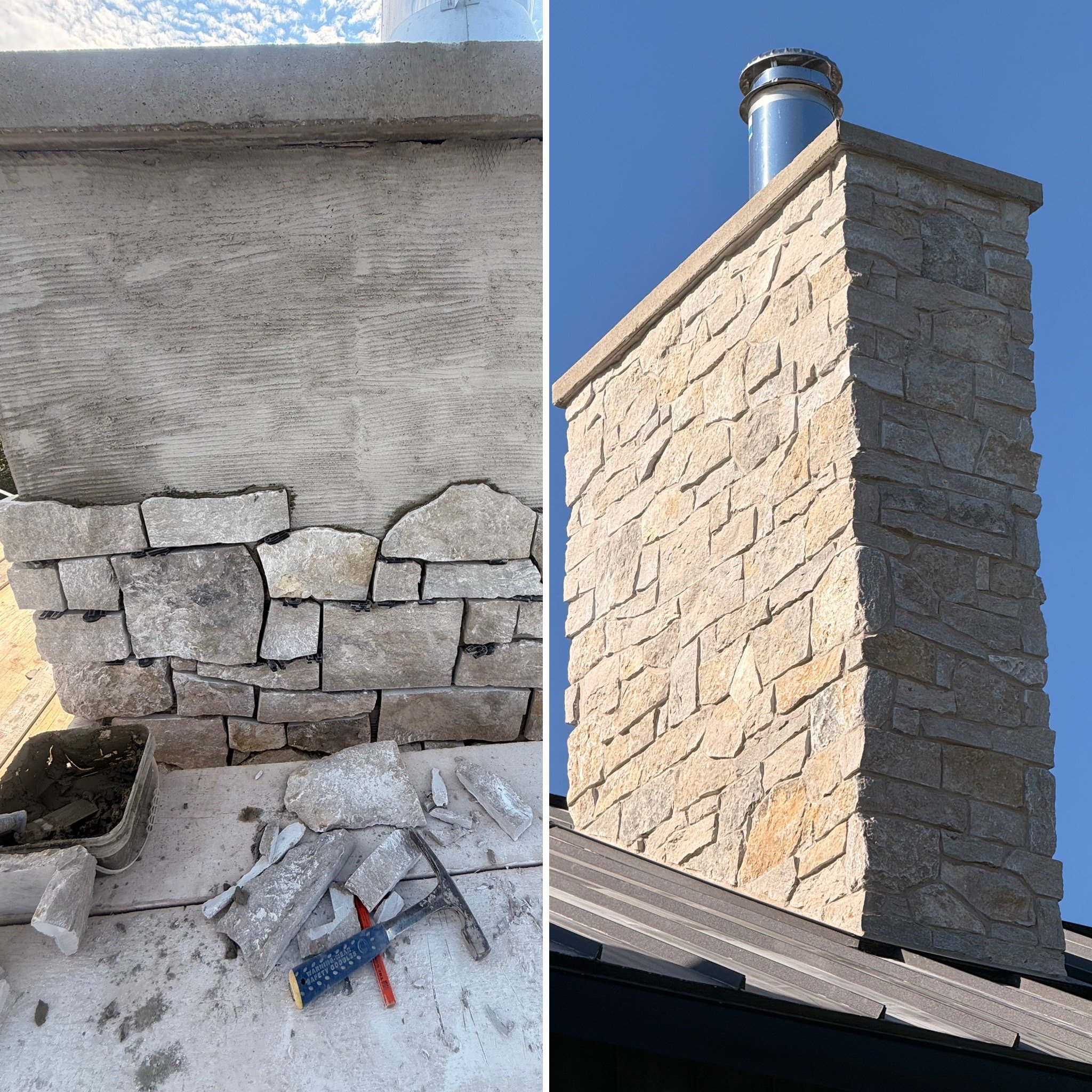 Comparison of two stonework projects: the left showing a construction site with incomplete, rough gray stone gravel and tools, and the right showing a finished, neatly stacked beige stone wall with a chimney against a clear blue sky.