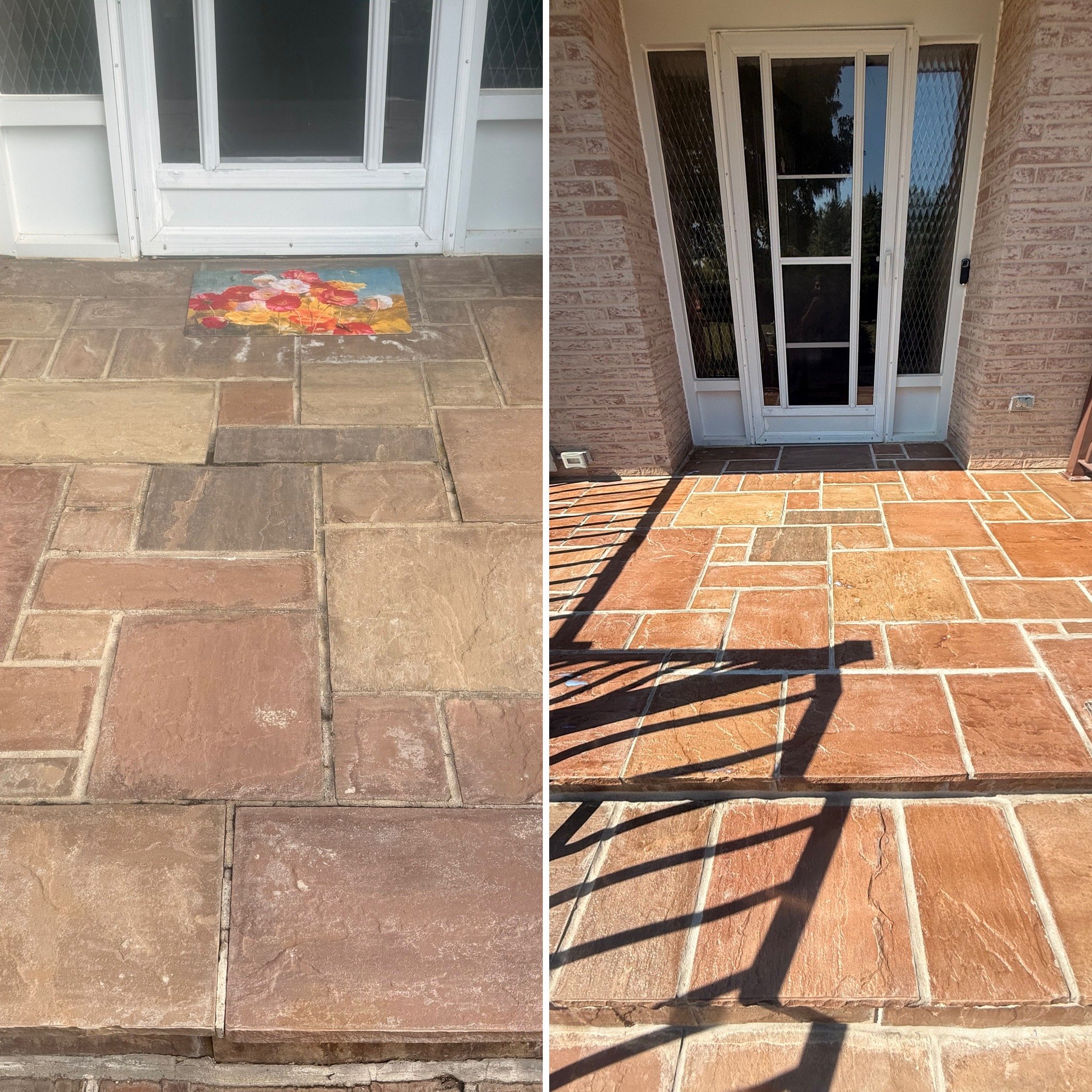 Comparison of a door and porch area before and after cleaning. The left image shows a dirty door with a colorful floral doormat and dusty tile floor. The right image shows the same area after cleaning, with a clean door, a brighter and cleaner tiled floor, and no doormat.
