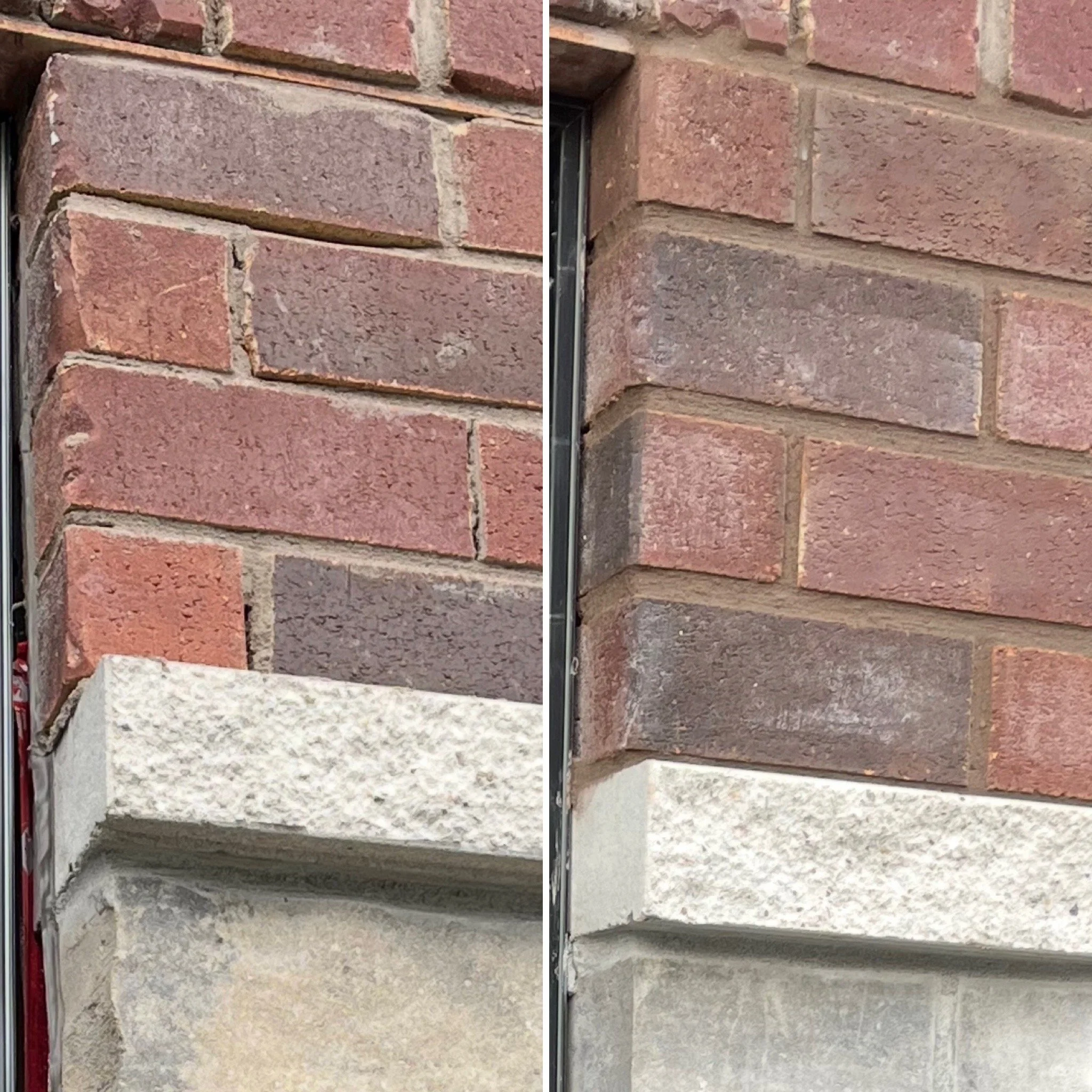 Comparison of brick wall corner with damaged bricks on the left and repaired bricks on the right.