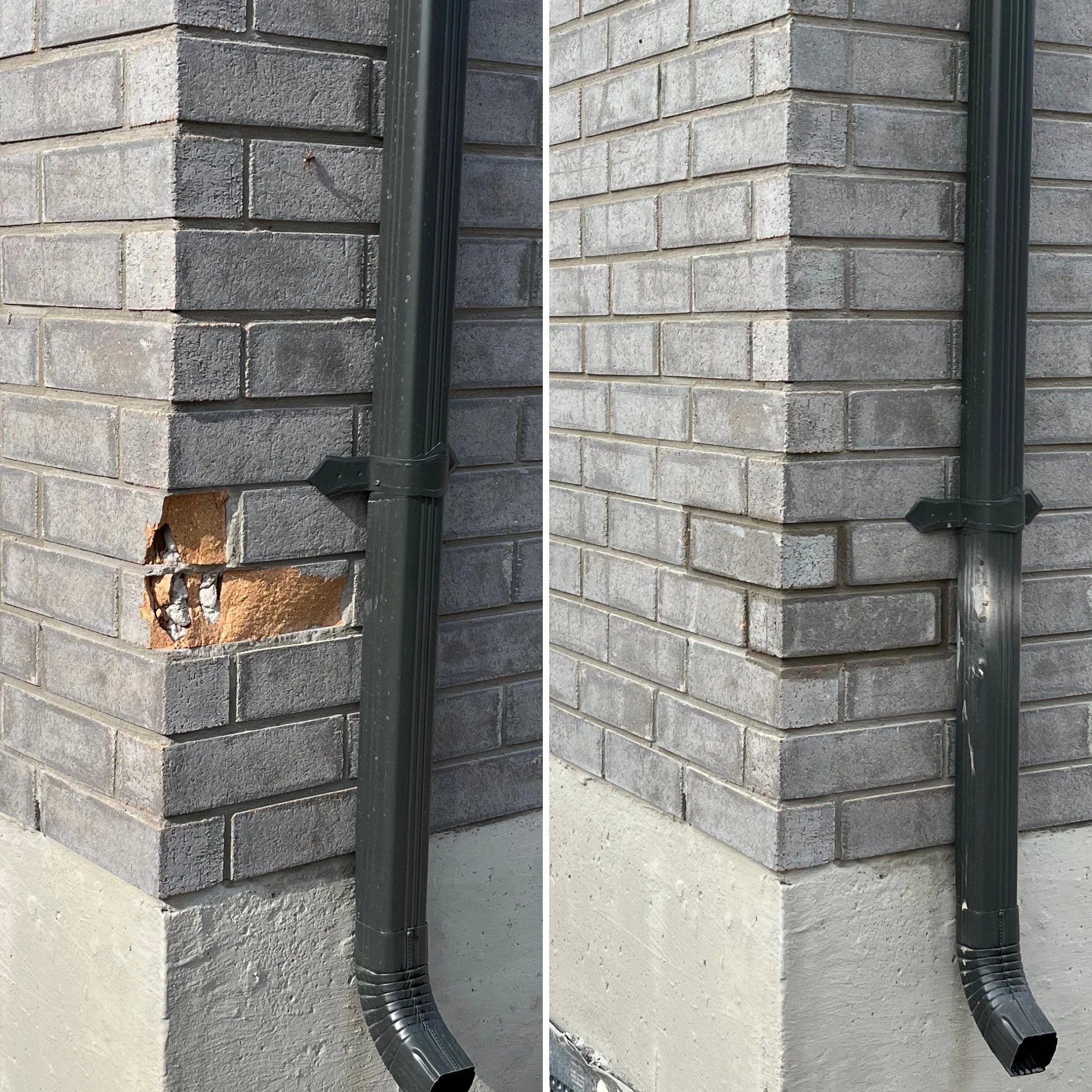 Comparison of a brick wall with a damaged section on the left and a repaired section on the right, featuring a black pipe pipe.