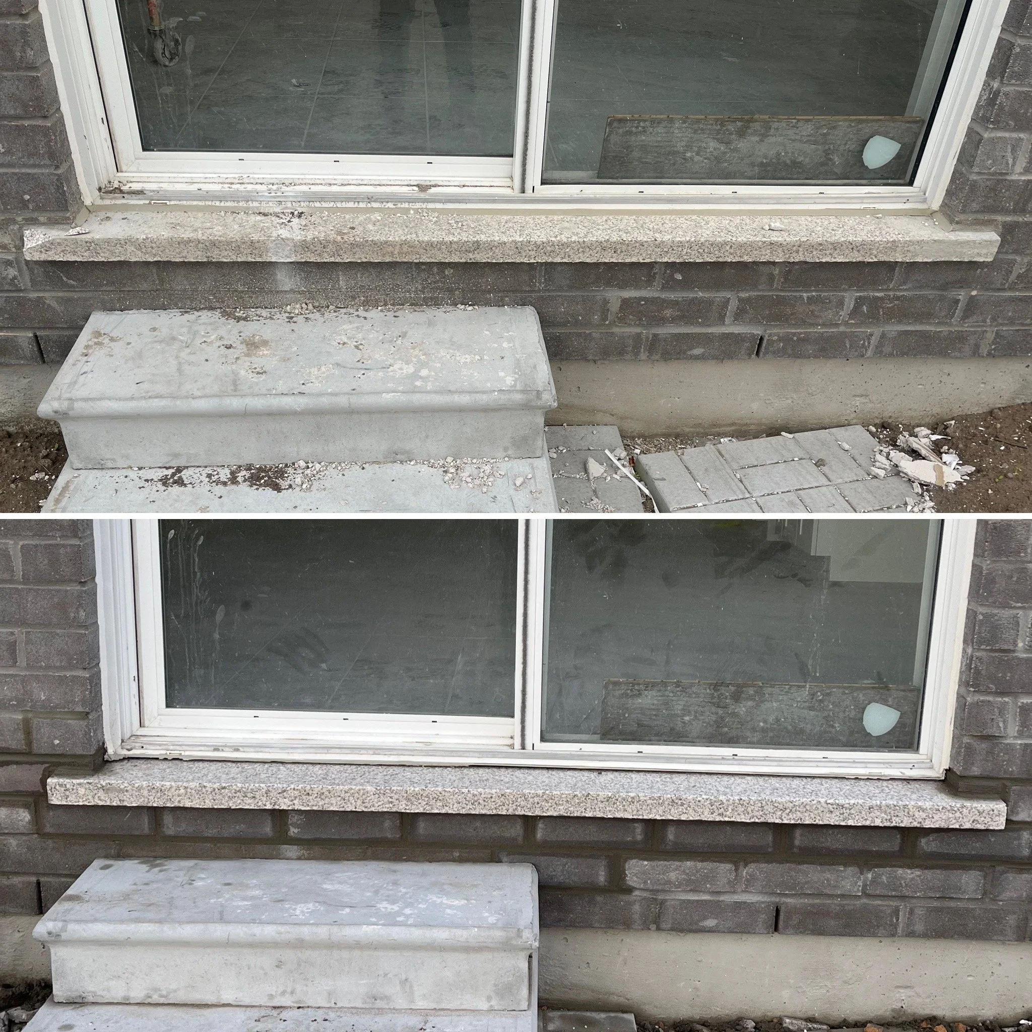 An outdoor concrete staircase with three steps leading up to a sliding glass door. The bottom step appears dirty and chipped, with debris scattered around. The door's frame is white, and the door itself has a screen panel. The surrounding wall is made of dark gray bricks.