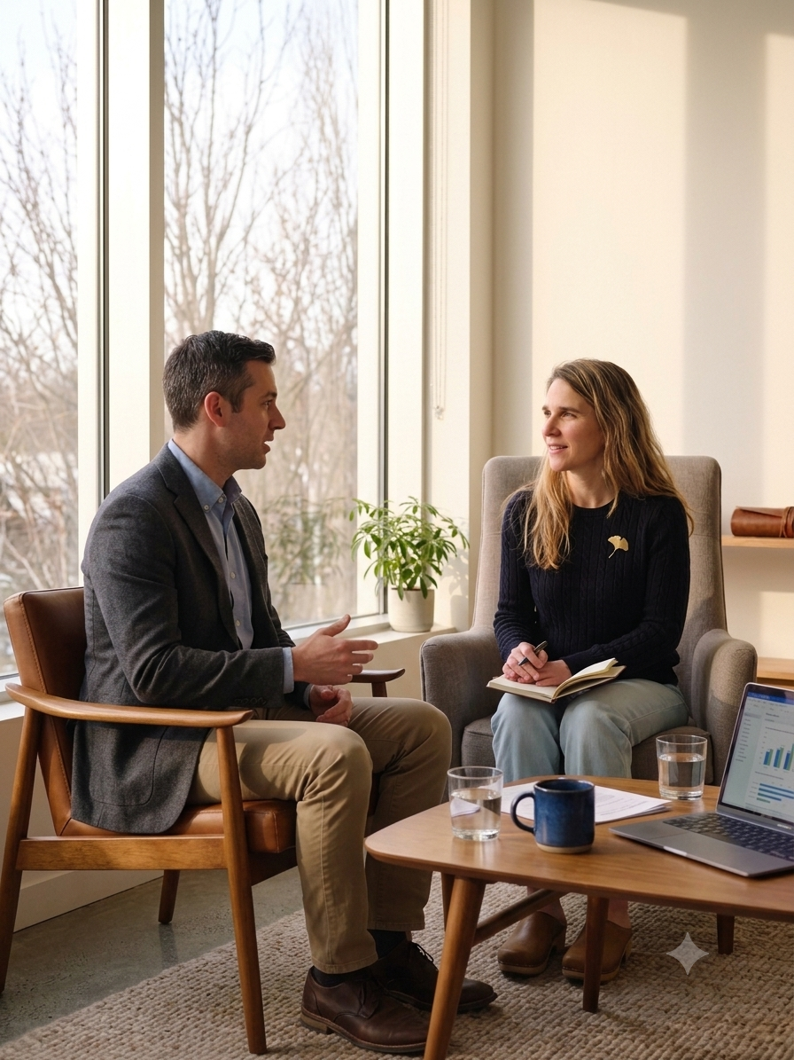 A private TCM consultation between a practitioner and a client,
seated together with a laptop and notebook on the table between
them.