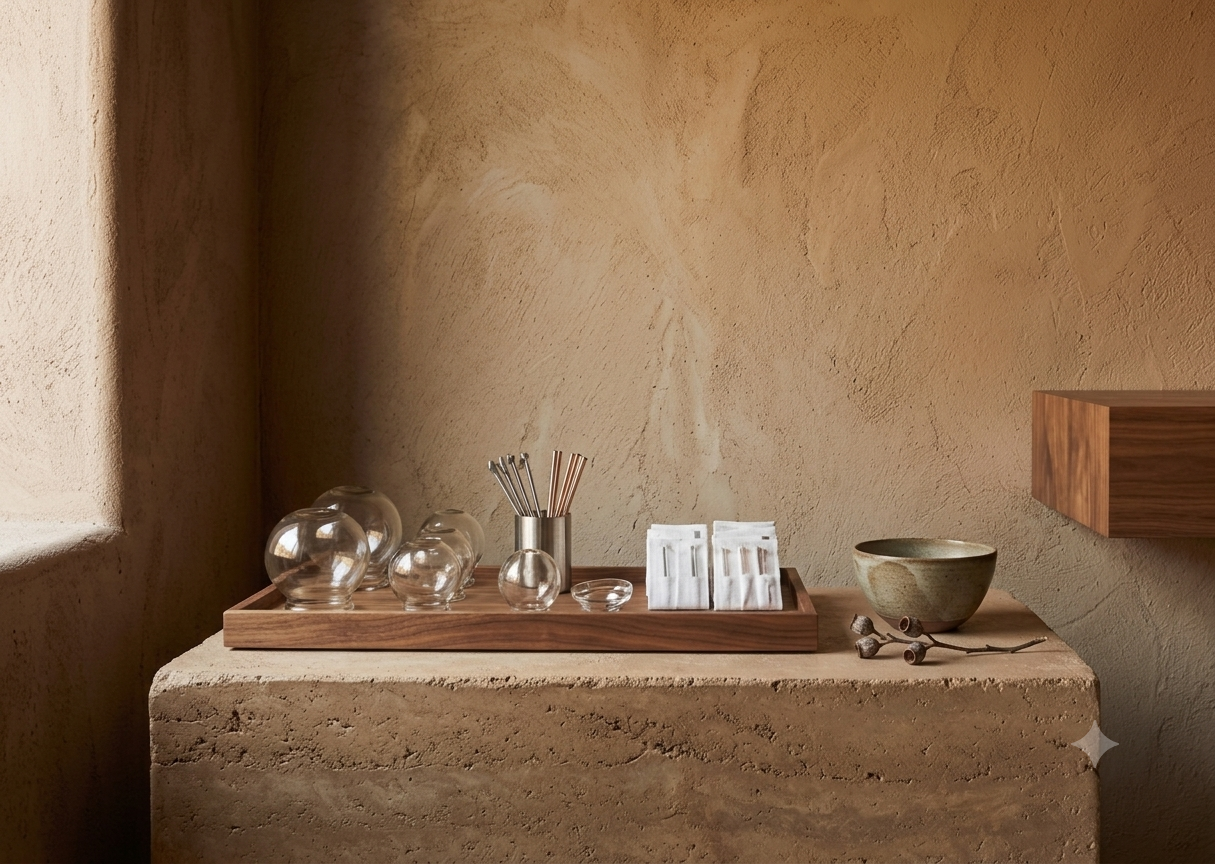 Decorative arrangement on a stone table with glass vases, wooden tray, napkins, ceramic bowl, and small branches, against a textured beige wall.