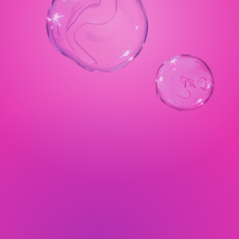 Two transparent bubbles with reflections on a pink background.