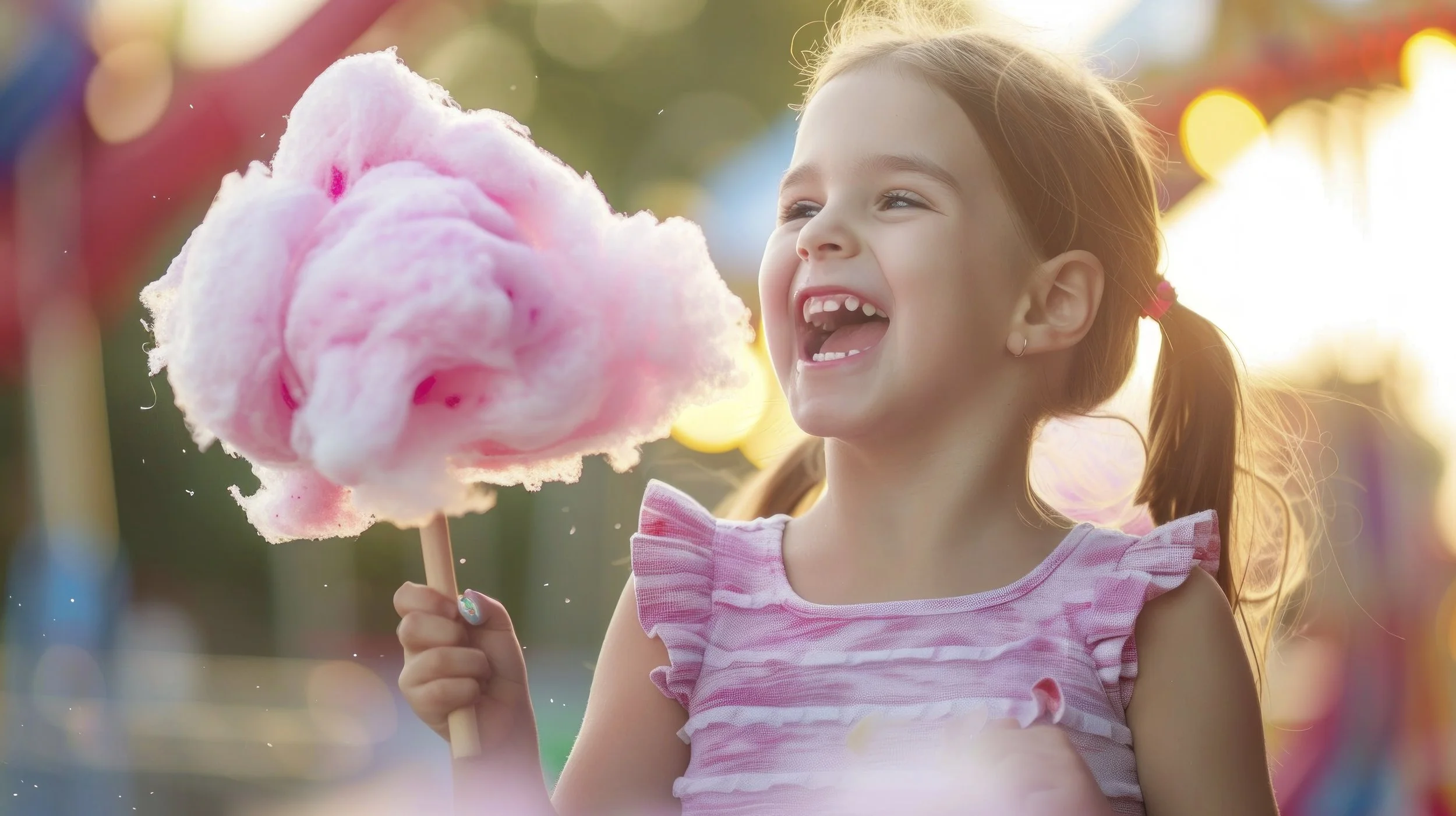 A young girl with brown hair tied in pigtails, wearing a pink and white striped shirt with ruffled sleeves, is at an amusement park holding a pink cotton candy on a stick, smiling and opening her mouth joyfully with her teeth showing.