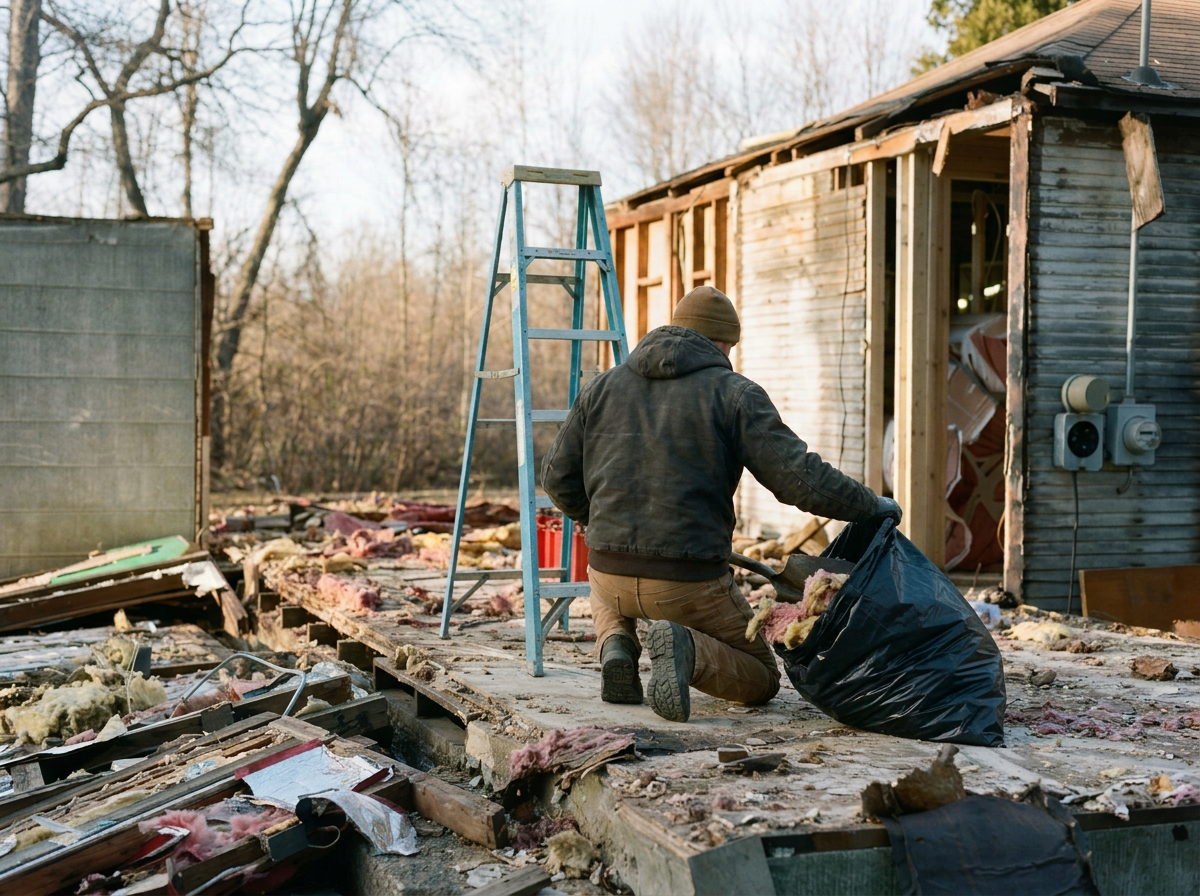Person cleaning up debris and insulation outside a damaged house with exposed wooden framework.