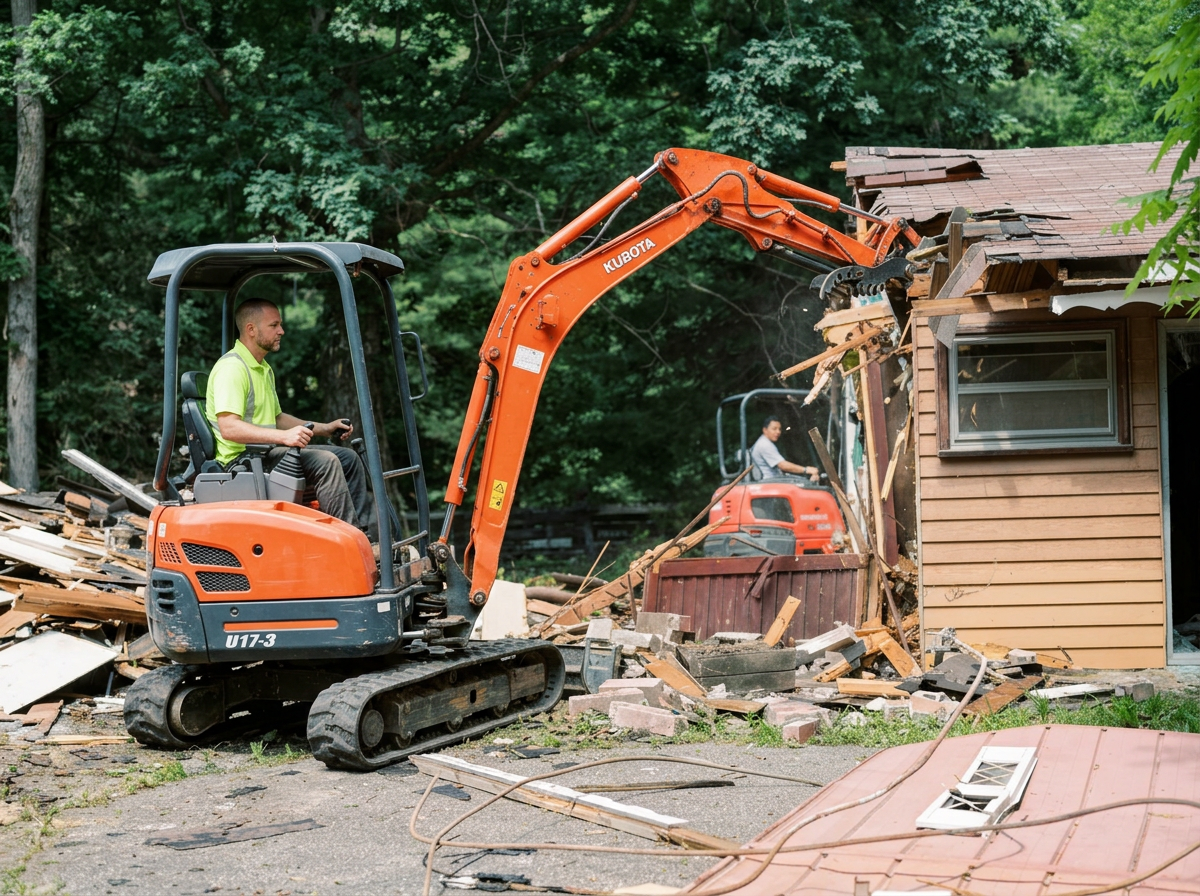 Two construction workers operating mini excavators to demolish a small wooden house. One worker is in the foreground operating an orange Kubota excavator, and another is seen in the background working on the house in a wooded area.