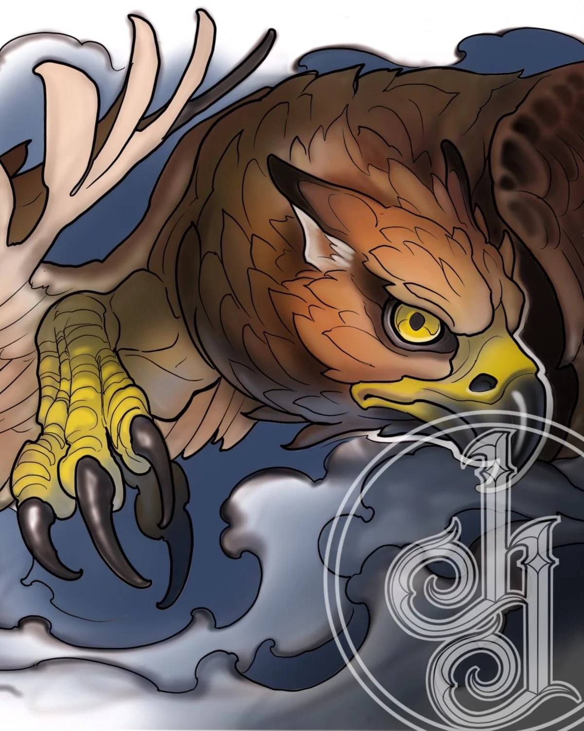 Illustration of a fierce eagle soaring through stormy clouds, with yellow eyes and sharp claws, surrounded by ornate swirling designs.