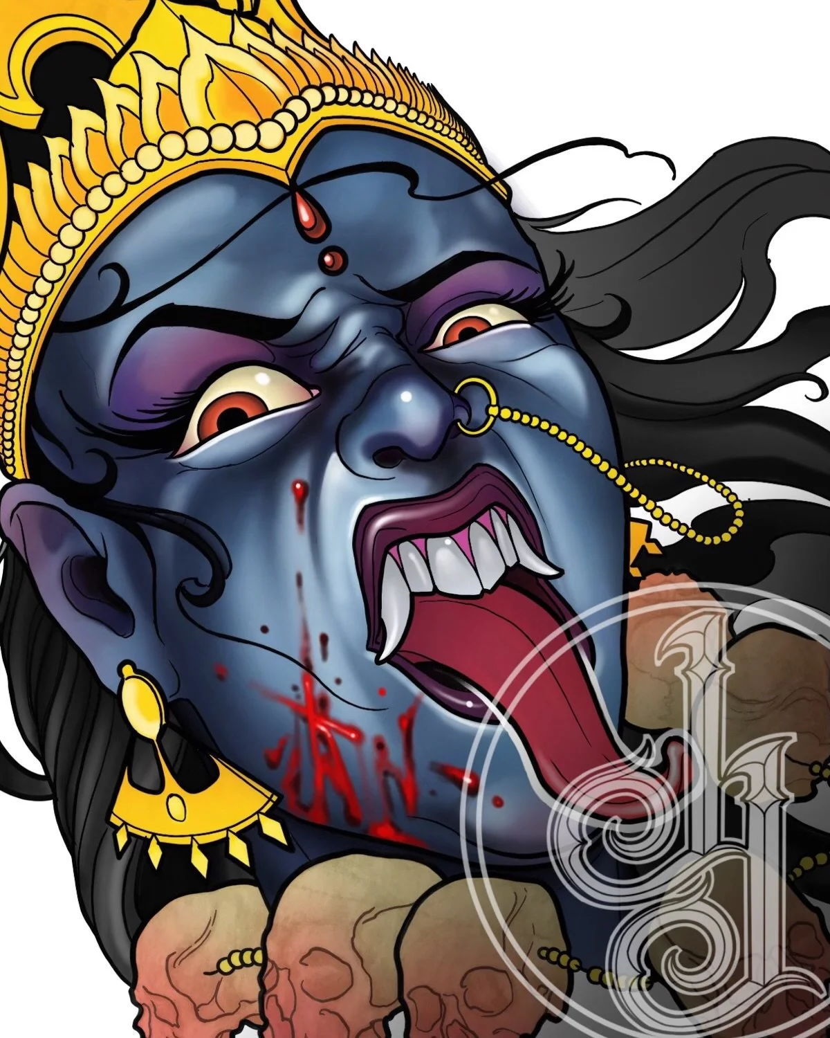 A digital illustration of a fierce blue-skinned deity or demon with red eyes, sharp teeth, and long black hair. The figure is wearing elaborate gold jewelry and a crown, with blood dripping from its face and mouth. The background is plain white.