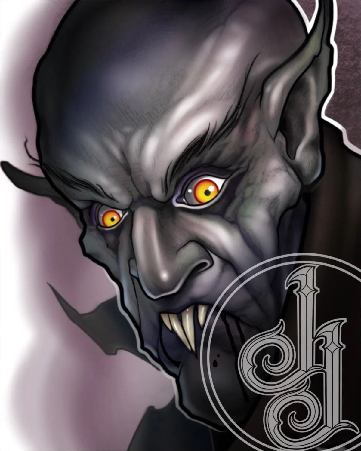 A digital illustration of a sinister vampire with gray skin, sharp fangs, yellow eyes, and pointed ears, with a stylized letter 'L' in the bottom right corner.