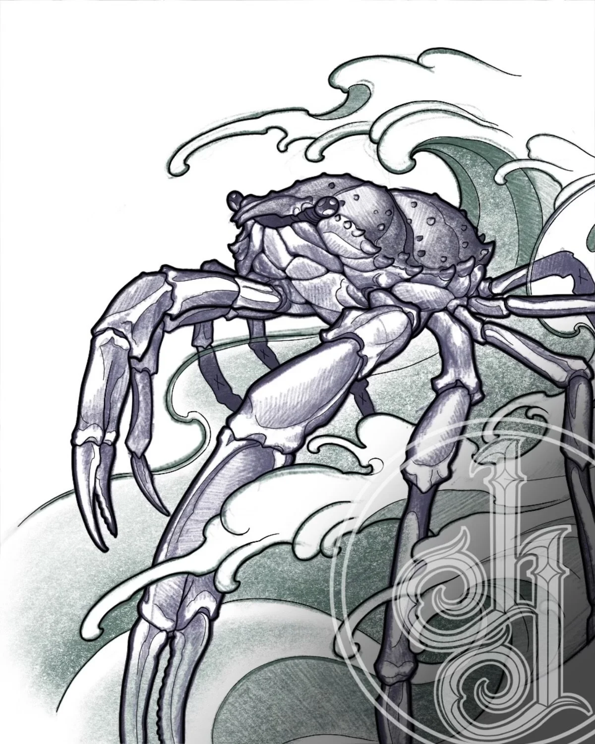 A detailed illustration of a crab with a textured shell and long pincers, set among stylized ocean waves with a logo in the bottom right corner.