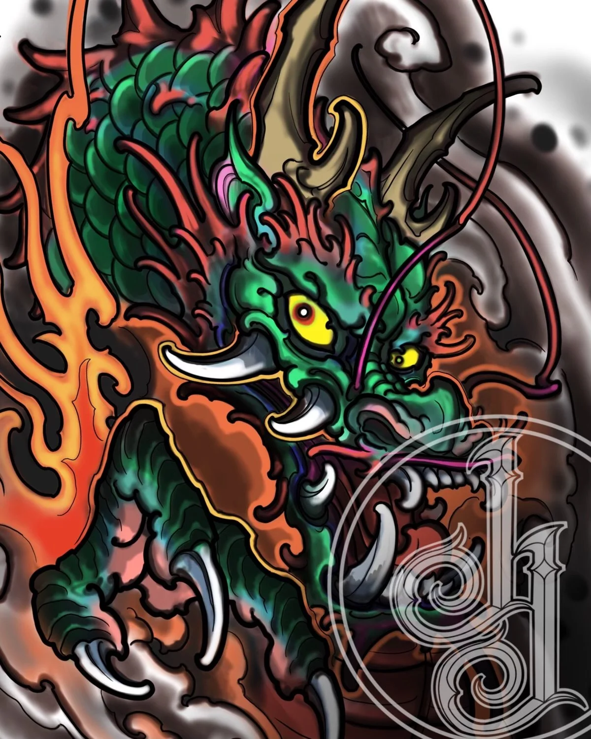 Close-up of a colorful dragon illustration with fiery and smoky background, featuring vibrant green, orange, red, and black details.