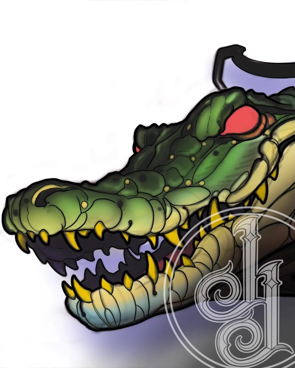 Illustration of a green crocodile head with yellow teeth and red eyes.