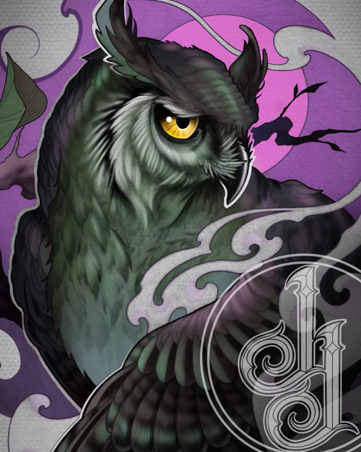 A detailed digital artwork of an owl with green and black feathers, piercing yellow eyes, set against a purple background with swirling designs and a full moon.