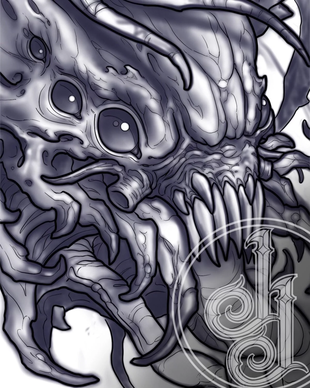 A detailed, grayscale illustration of a monstrous creature with multiple eyes, sharp teeth, and tentacle-like appendages, exhibiting a horror or fantasy style.