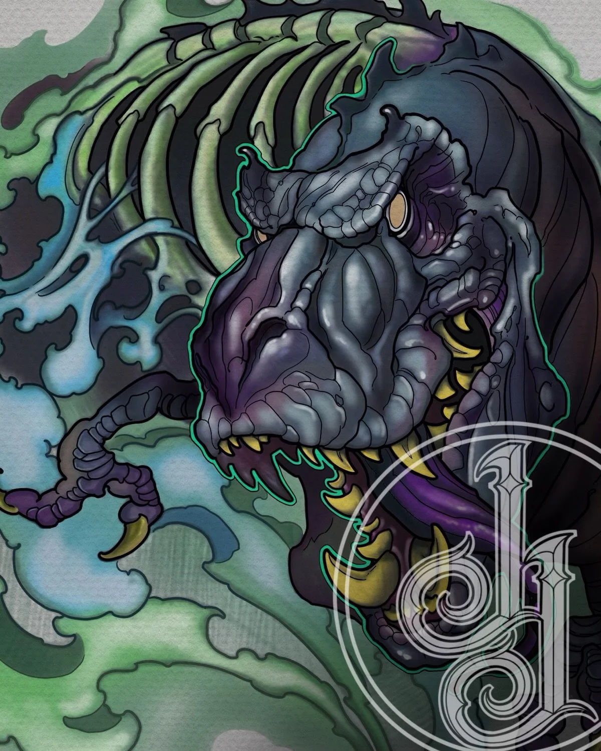 Illustration of a fierce, cartoon-style dragon with purple and gray scales, yellow eyes, sharp teeth, surrounded by swirling blue and green clouds.