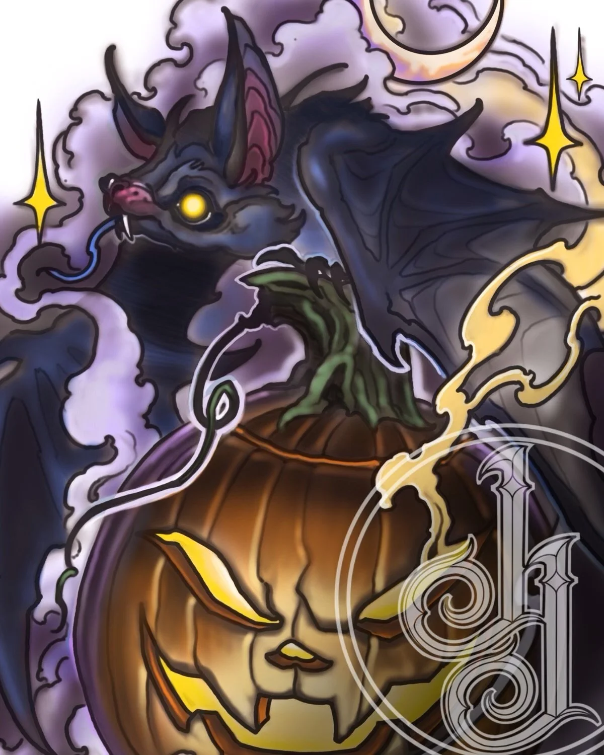 A Halloween-themed illustration featuring a carved pumpkin with a face, a black bat with glowing yellow eyes perched on top of the pumpkin, green misty smoke, a gray moon in the cloudy night sky, and yellow lightning bolts.