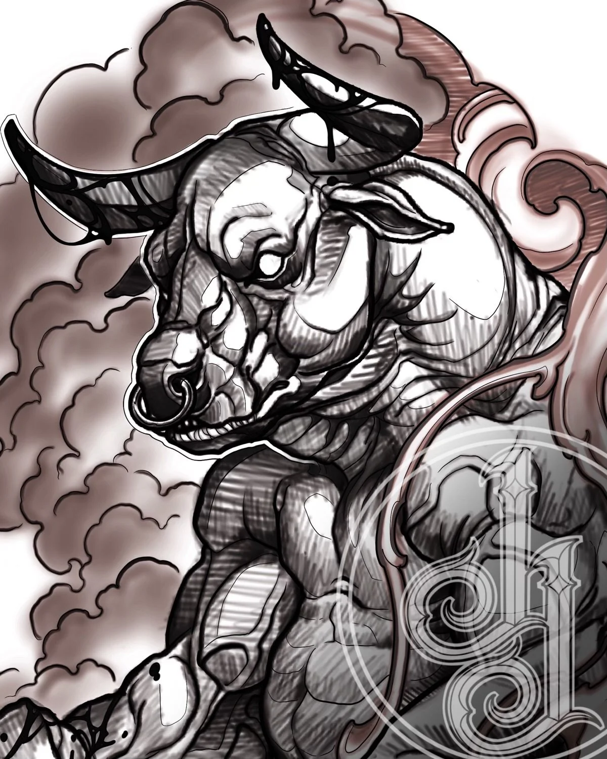 A black and white tattoo-style illustration of a fierce bull with large horns, surrounded by swirling smoke or clouds, and decorative elements including a shield or crest outline with intricate patterns.