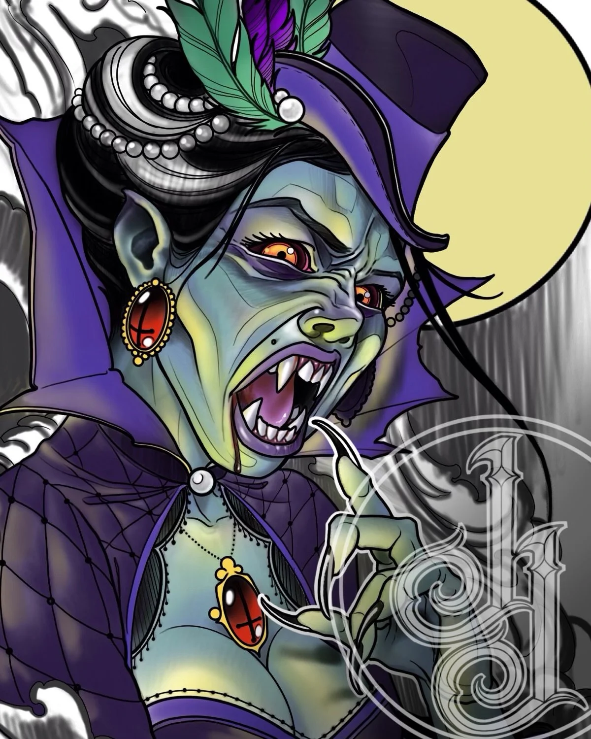 A digitally illustrated vampire character with greenish skin, sharp fangs, and red eyes, wearing a purple hat with feathers, a purple cloak, and large earrings, with a full moon in the background.