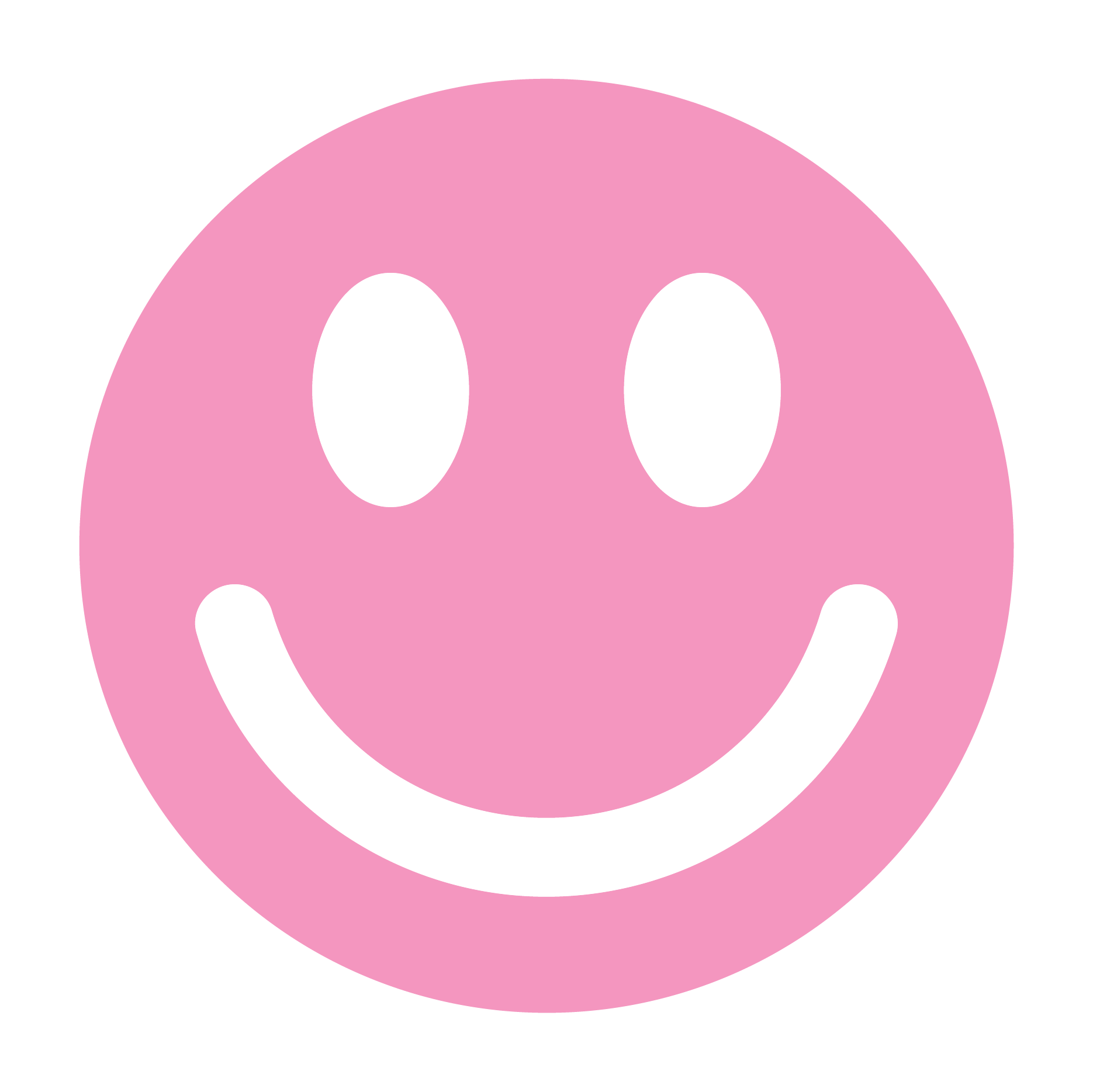 Close-up of a pink smiling face with white oval eyes, surrounded by black background.