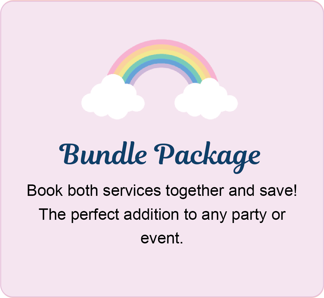 Pink promotional graphic for a bundled service package showing a rainbow with clouds and text about booking two services together to save money.
