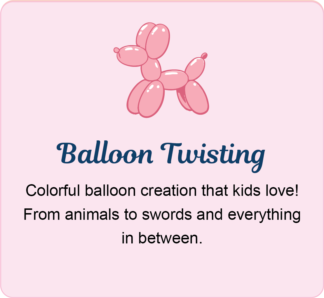 A pink balloon animal shaped like a dog with shiny highlights, on a light pink background. The image includes text promoting balloon twisting for kids, mentioning colorful balloon creations from animals to swords.