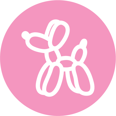 White outline of a balloon dog on a pink circular background.