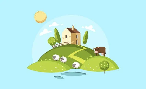 Illustration of a peaceful countryside scene with a small house, green hills, sheep grazing, trees, and a dirt path under a sunny sky.