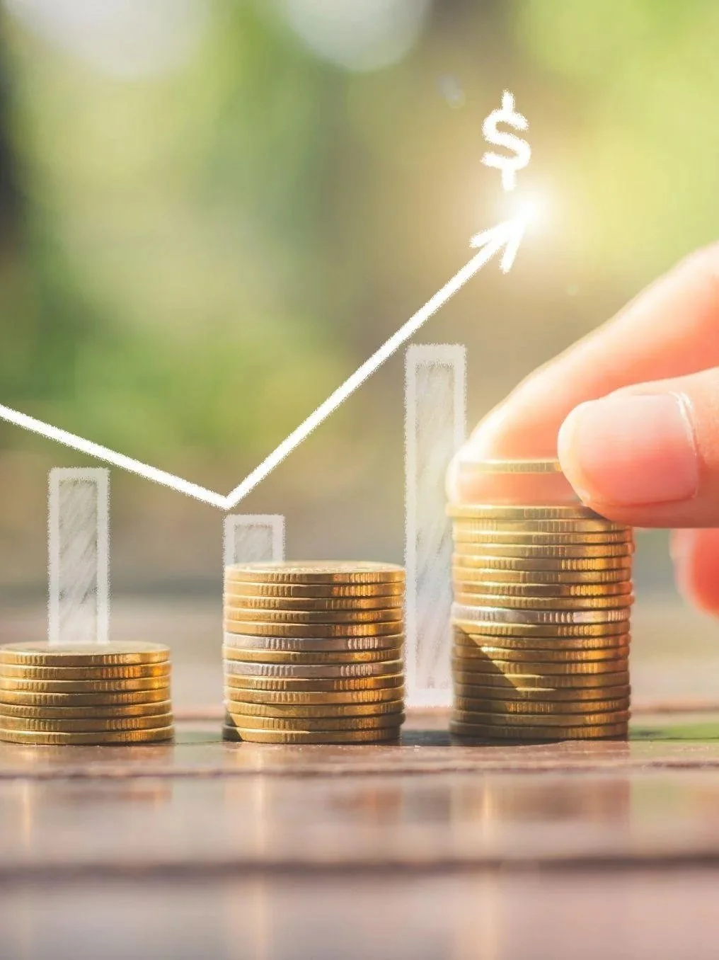 Stacks of coins with a hand placing a coin on the tallest stack, overlaid with a drawn upward arrow and dollar sign, symbolizing financial growth or increasing wealth.