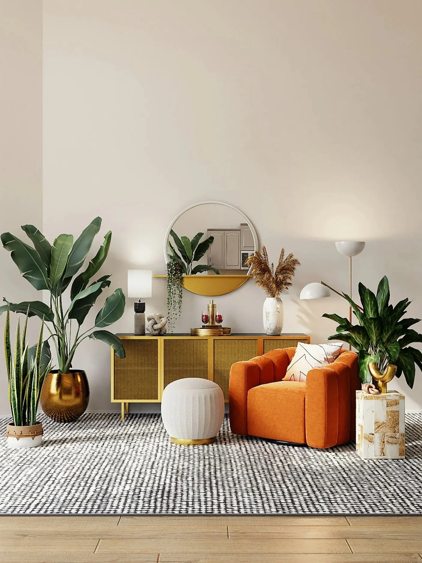 A modern living room with large green plants in gold and white pots, a yellow sideboard with decor, an orange velvet armchair with patterned pillow, a white ottoman, a marble side table, and a beige and black geometric rug on wooden flooring. Decorative lamps and a round mirror hang on the wall.