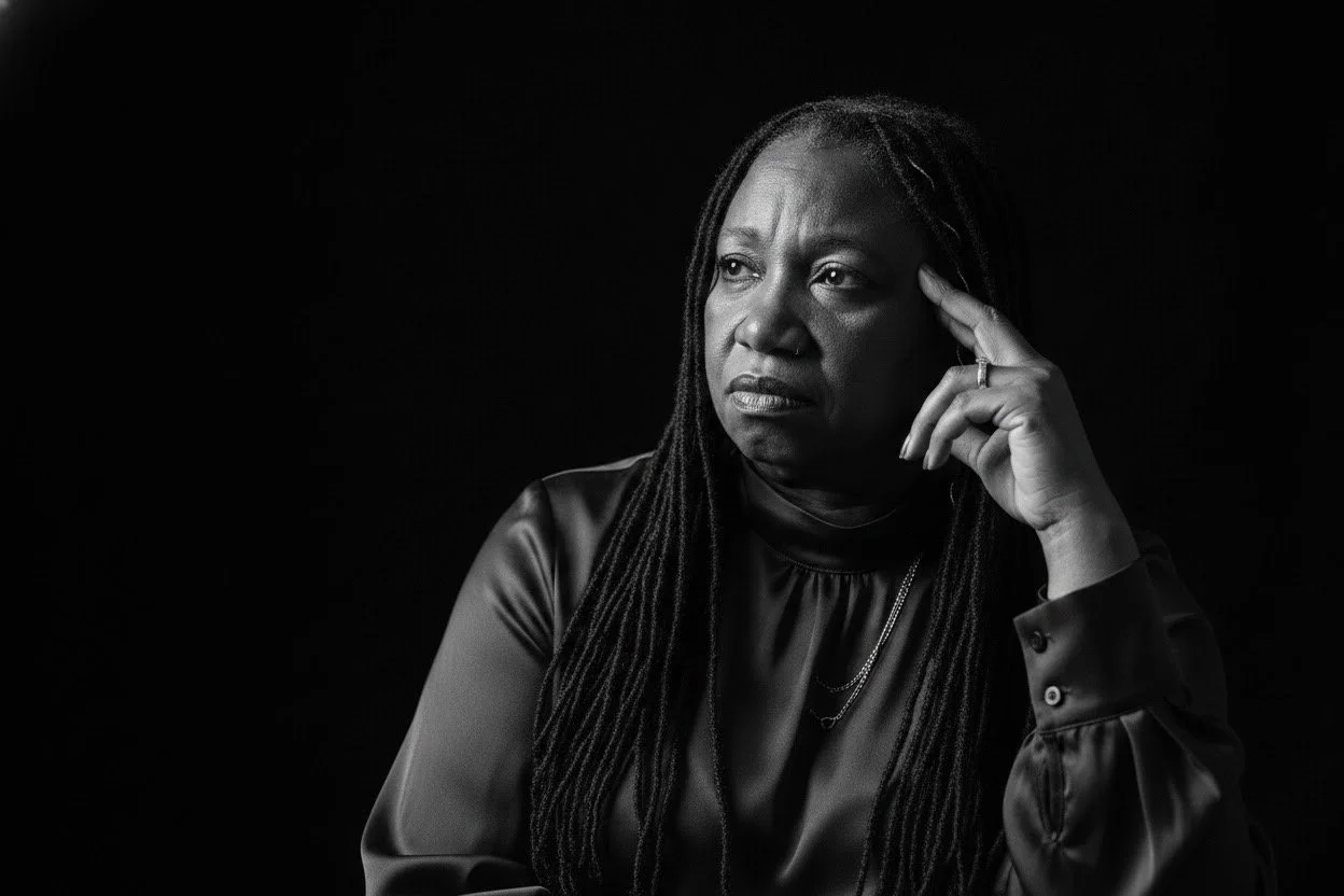 Black and white portrait of Mama Ayana with long dreadlocks, wearing a satin blouse, with a contemplative expression, touching her temple with her right hand, against a dark background.