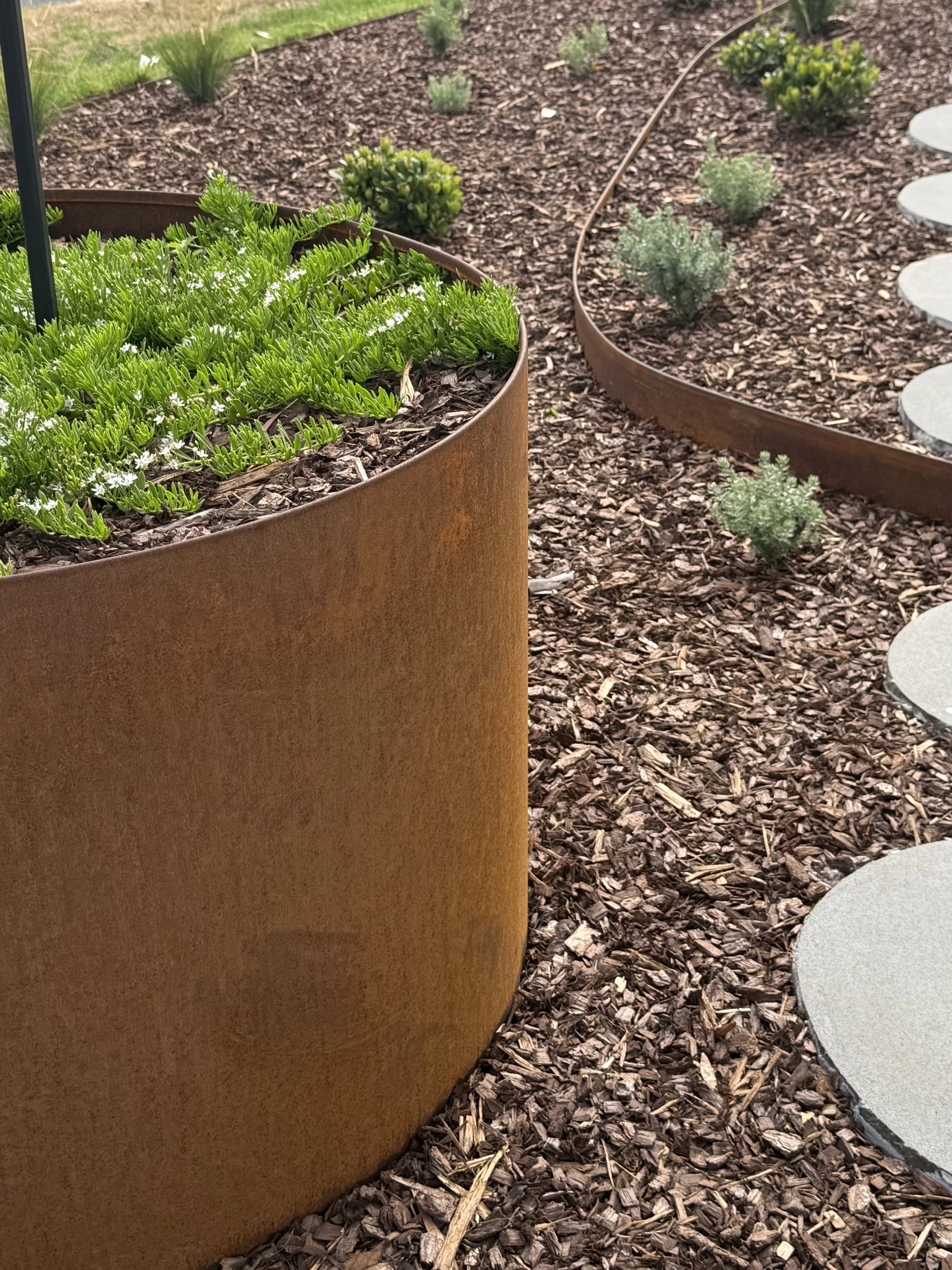 Mulched garden bed with green, leafy plants and a large rust-colored metal container in the foreground, with stepping stones on the right side and small bushes in the background.