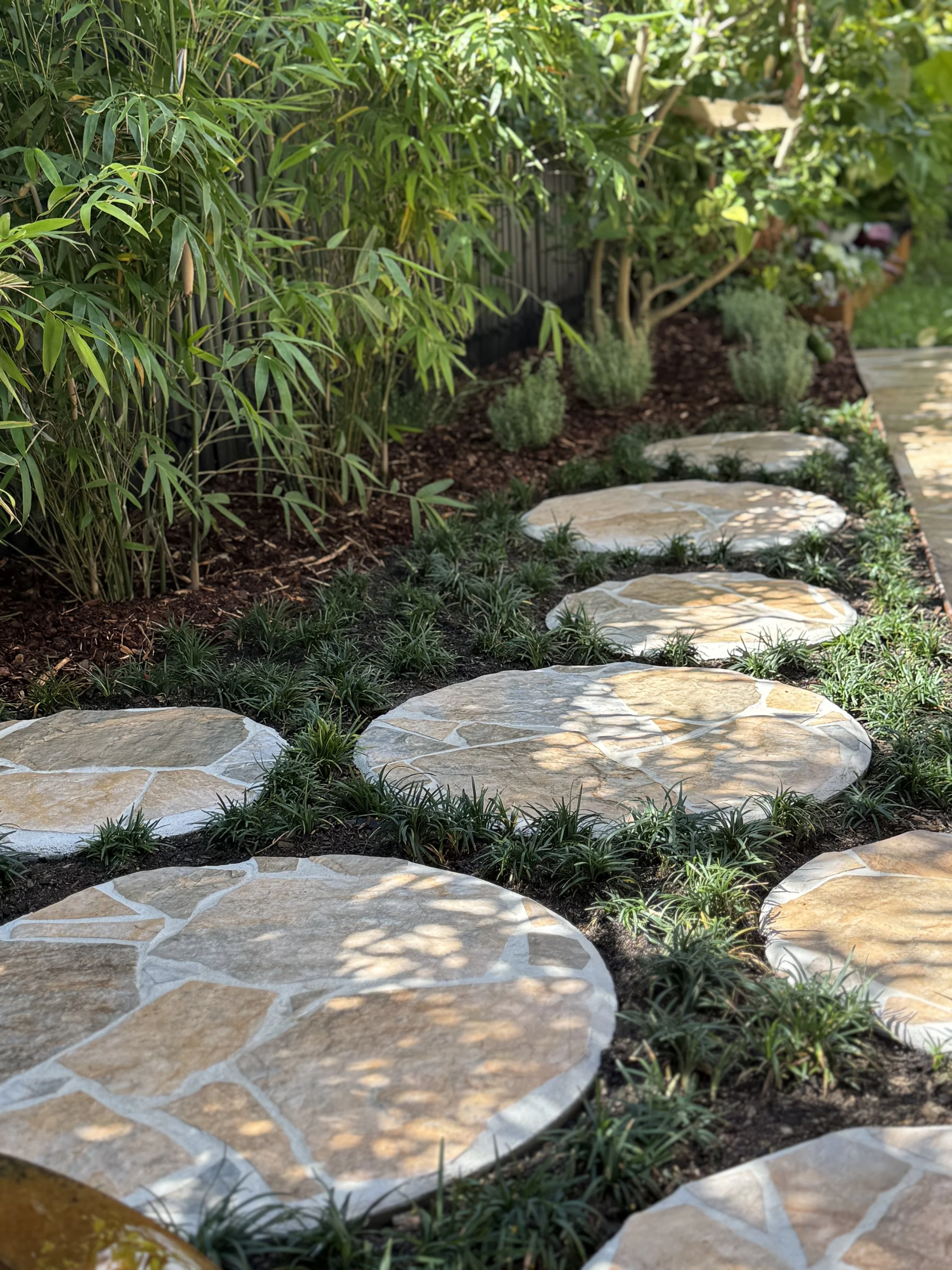 Stone pathway with plants on either side in a garden.