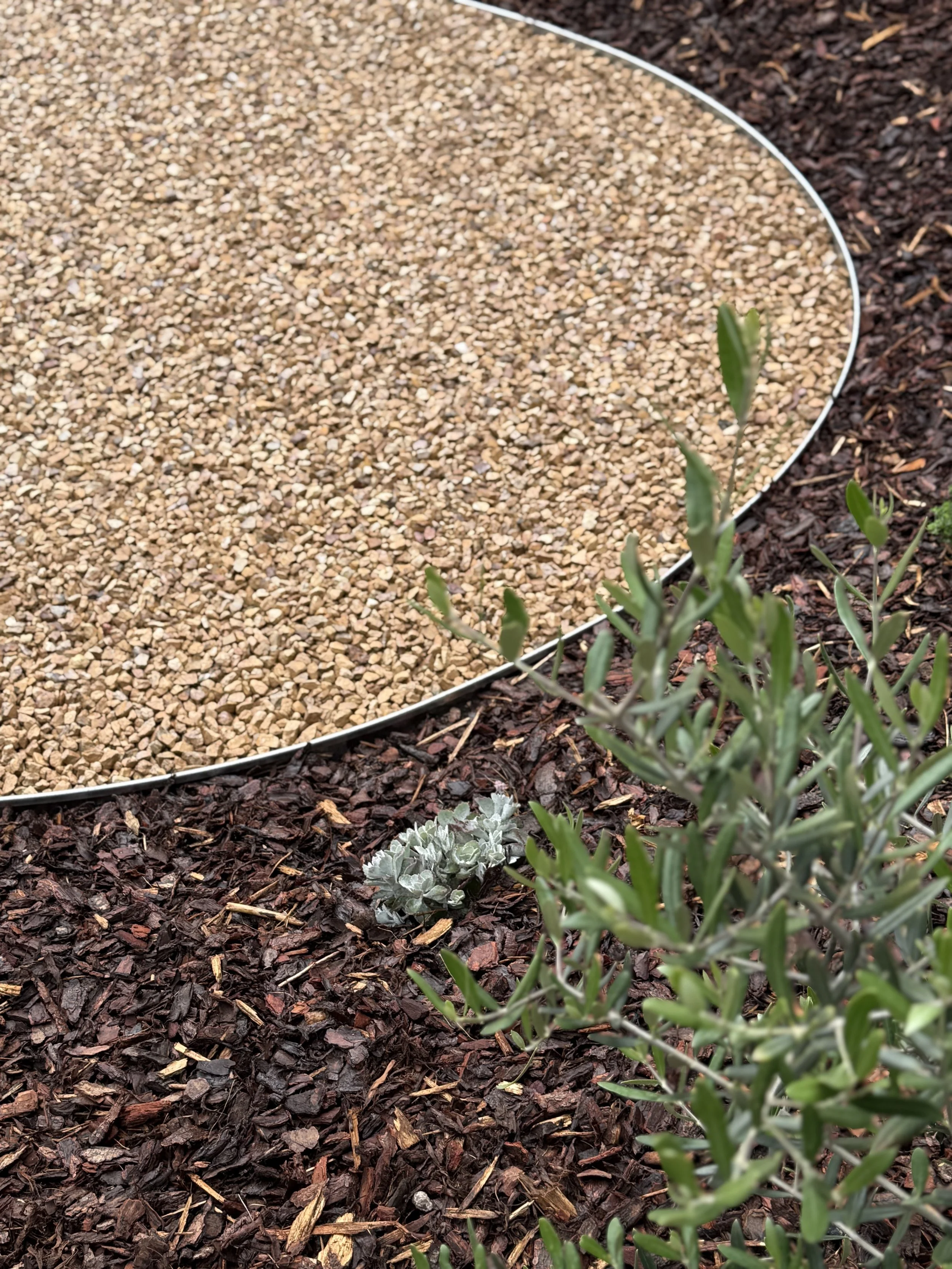 A garden with a metal garden bed filled with small pebbles, surrounded by mulch and some green plants.