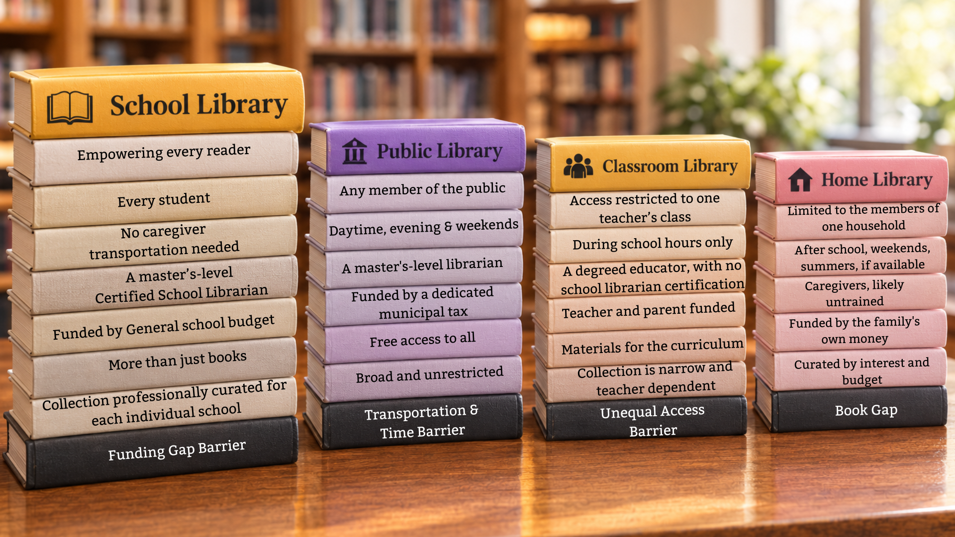 Stacks of books labeled School Library, Public Library, Classroom Library, and Home Library, each spine describing a different aspect of that kind of library.