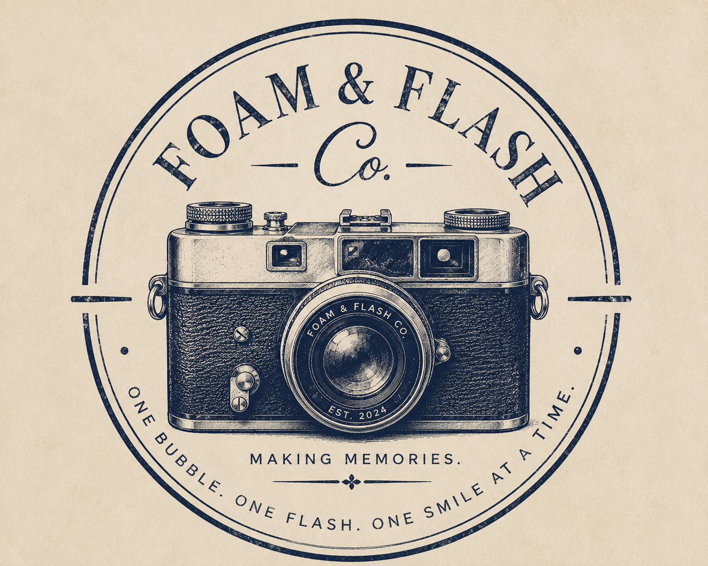 Vintage-style logo for Foam & Flash Co. featuring a drawing of a classic camera with text emphasizing memories, photography, and a nostalgic aesthetic.