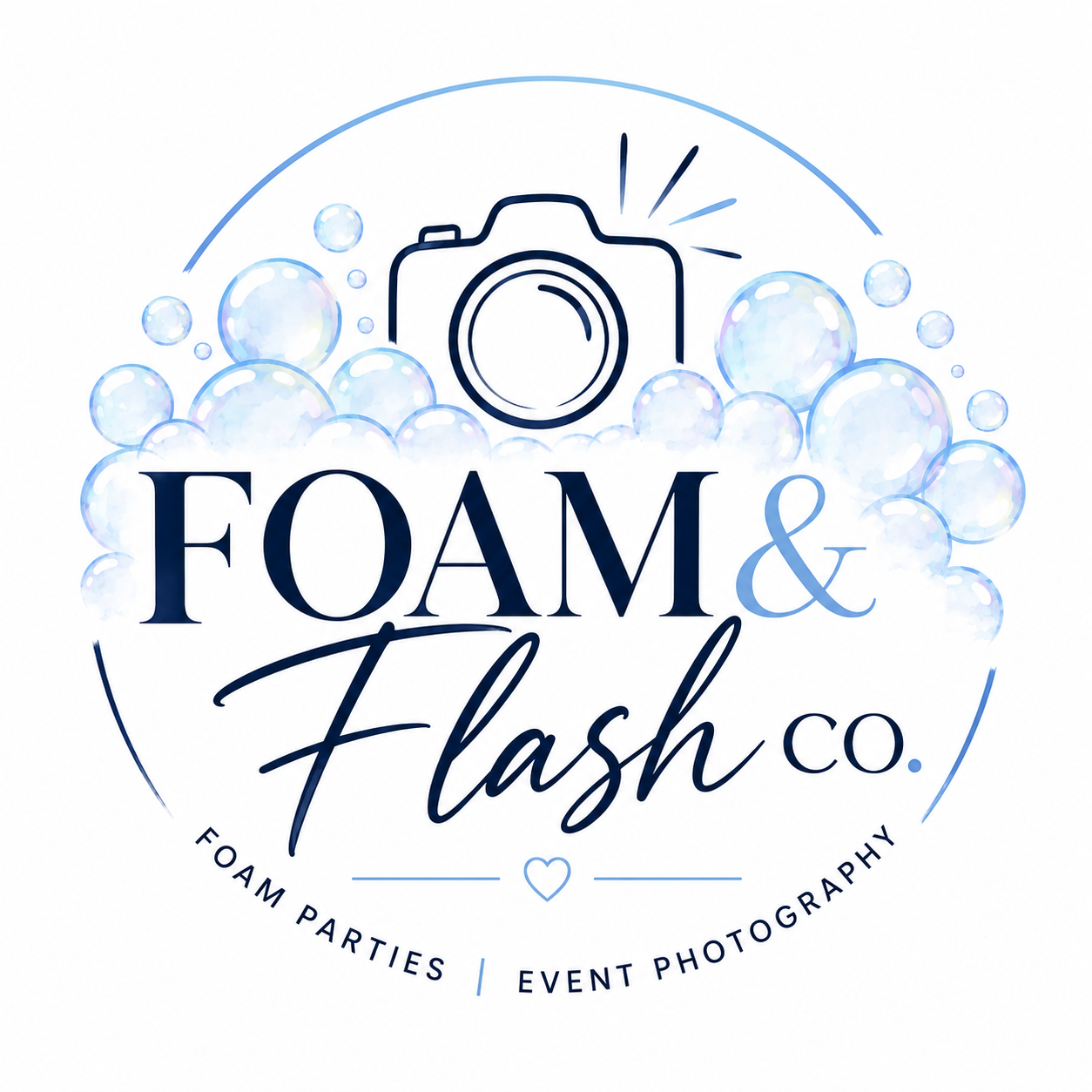 Logo for Foam & Flash Co. featuring a camera icon surrounded by bubbles and text indicating foam parties and event photography. Photography for all events including birthday parties, events, family sessions, and more. Serving Birmingham AL