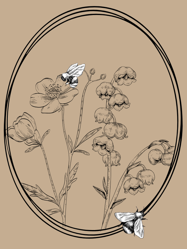 A black and white illustration of a floral arrangement with bees, enclosed in an oval outline, on a beige background.