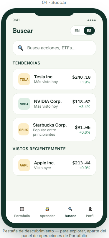 Pantalla de un teléfono móvil mostrando una app de búsqueda y seguimiento de acciones y ETFs, con tendencias de Tesla, NVIDIA y Starbucks, y vistas recientes de Apple.
