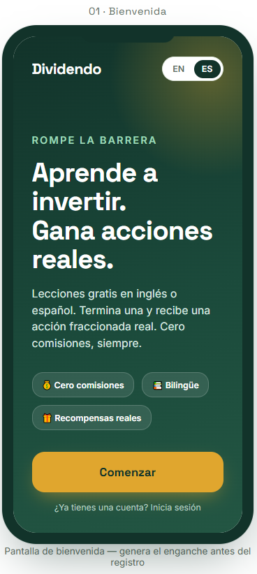 Pantalla de bienvenida de una aplicación de inversiones que permite aprender a invertir y ganar acciones reales, con opciones en inglés o español, y botones para comenzar, en modo oscuro con fondo verde y botones de colores.