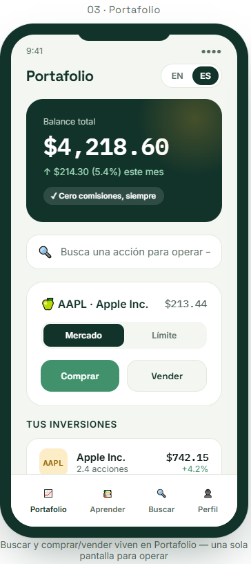 Pantalla de una aplicación de gestión financiera que muestra el portafolio con un saldo total de 4,218.60 dólares, inversiones en Apple Inc., y opciones para comprar o vender acciones. También tiene un menú inferior con opciones para Portafolio, Aprender, Buscar y Perfil.