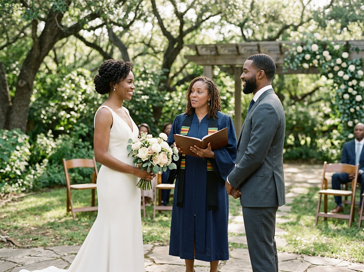 Bride and groom standing outdoors during wedding ceremony, exchanging vows, with officiant holding a book, surrounded by guests and lush greenery.