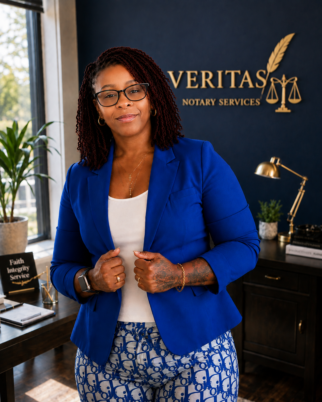 A woman in a blue blazer and patterned pants standing in an office with a sign that reads 'Veritas Notary Services' behind her.