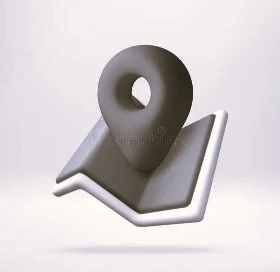 A gray 3D map pin icon on a folded paper map.