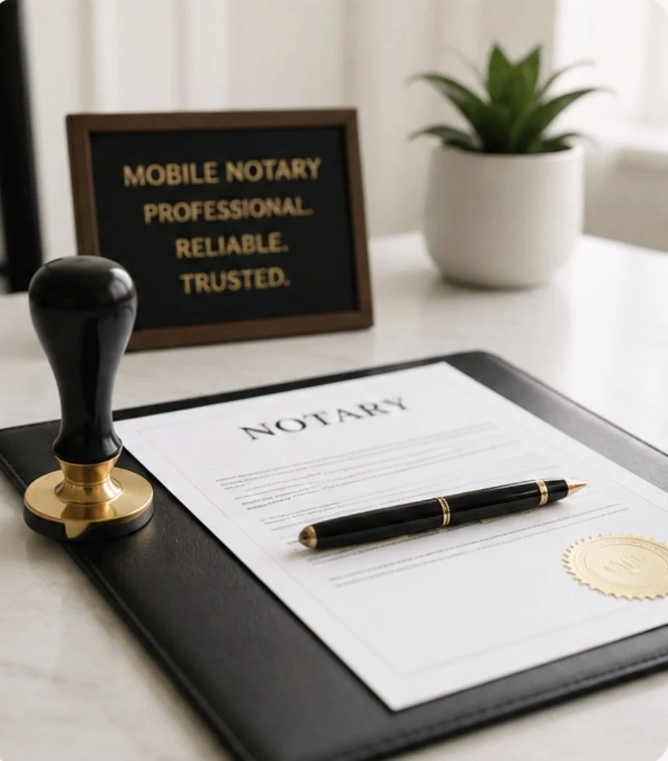A notary sign on a desk with a notary document, black and gold pen, a stamp, and a potted plant in the background.