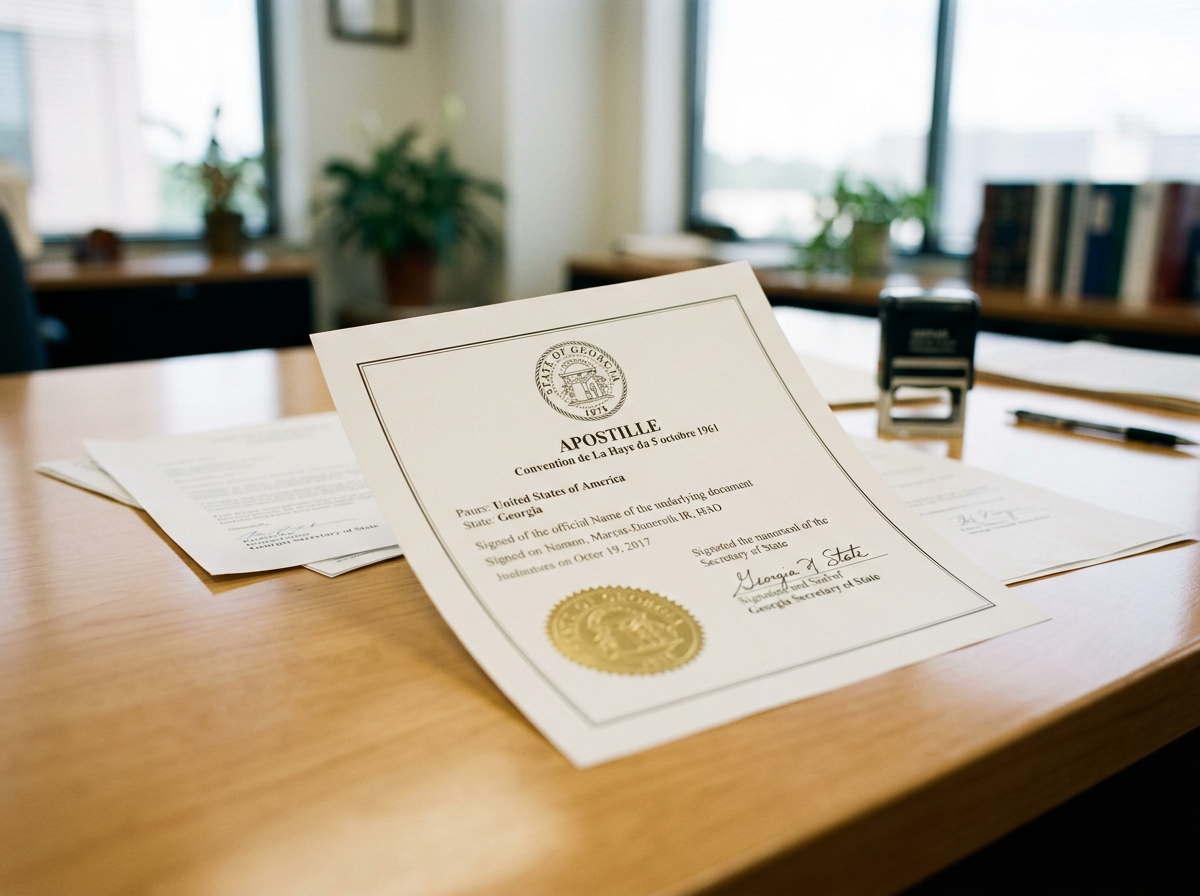 Official Georgia apostille document on a wooden desk with papers, a handwritten signature, and a gold seal. Background includes windows, plants, and books.