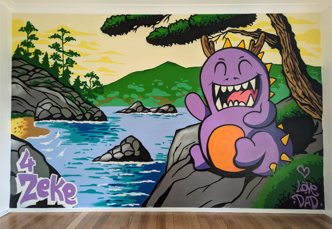 Murale art depicting a purple cartoon dragon with orange spikes and swirl, smiling and sitting on a rock beside a river with green mountains and trees in the background. Text reads '4 Zeke' and 'Love Dad' with a purple heart.