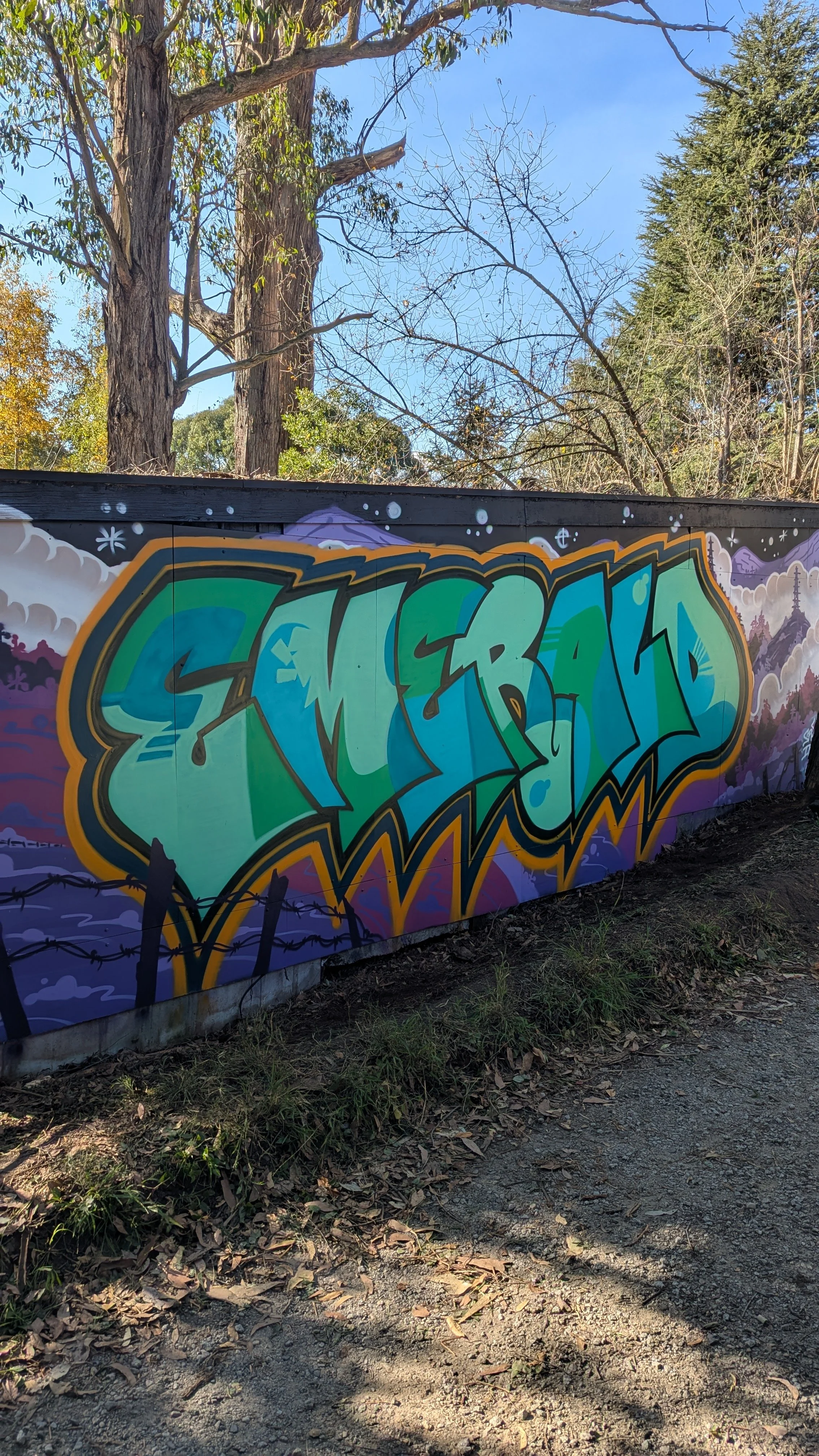 Colorful graffiti art with the word "emerald" on a wall, set outdoors with trees and a clear blue sky in the background.