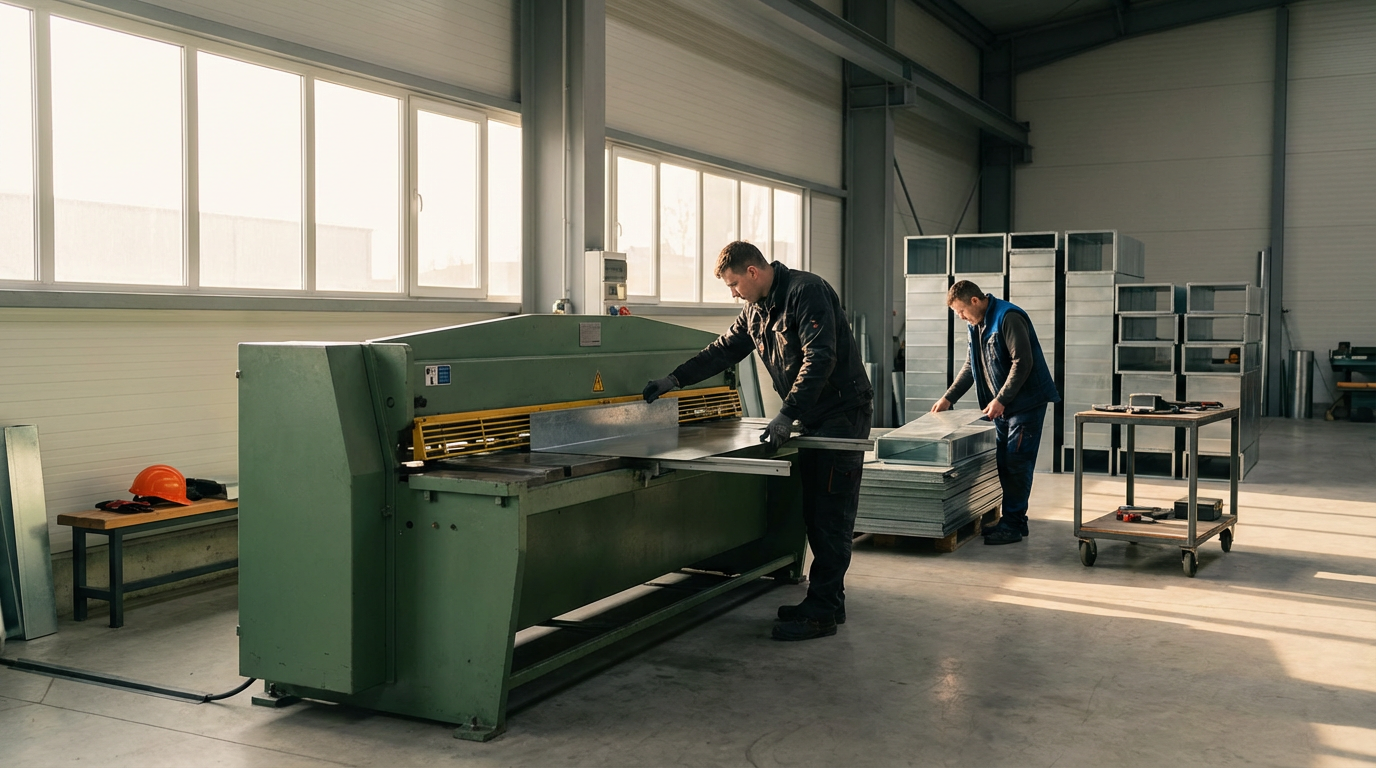 Two workers in an industrial workshop are operating large sheet metal cutting machinery, with one worker guiding the metal and the other organizing stacked sheets nearby.